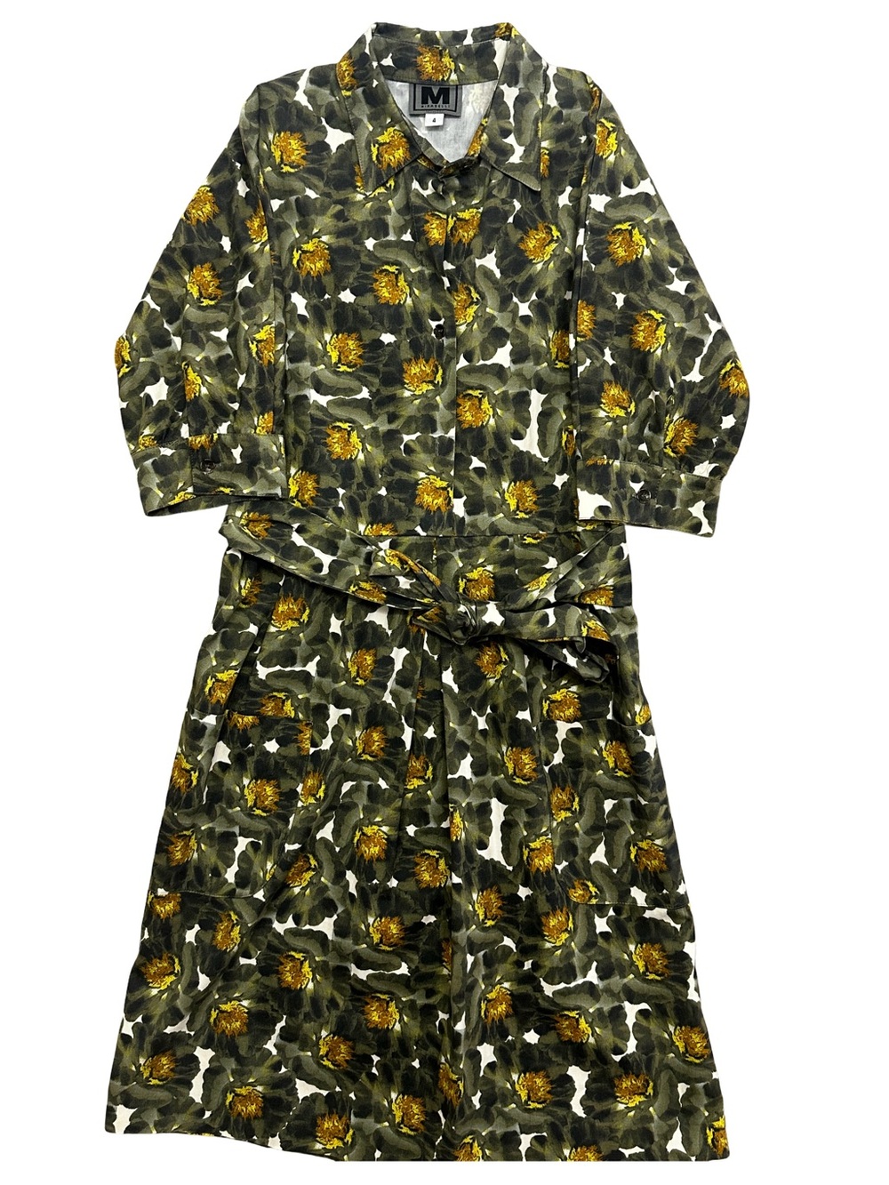 Floral Olive Midi Dress with Tie Waist